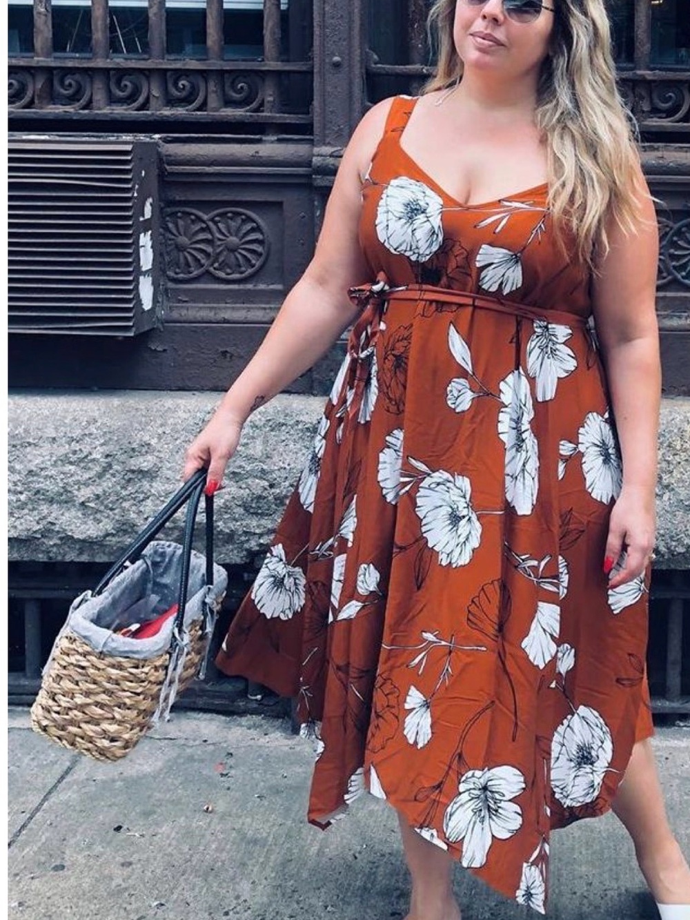 Ava & Viv rust floral dress with handkerchief hem